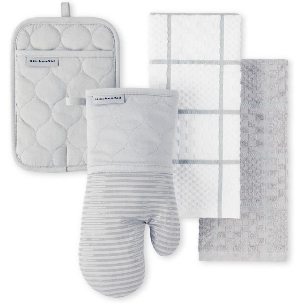 imageKITCHENAID Quilted Cotton Terry Cloth Oven Mitt Pot Holder Kitchen Towel 4Pack Set Heat Resistant Silicone Grip 16quotx26quot 7quotx13quot ampamp 7quotx10quot Aqua SkyMatte Grey