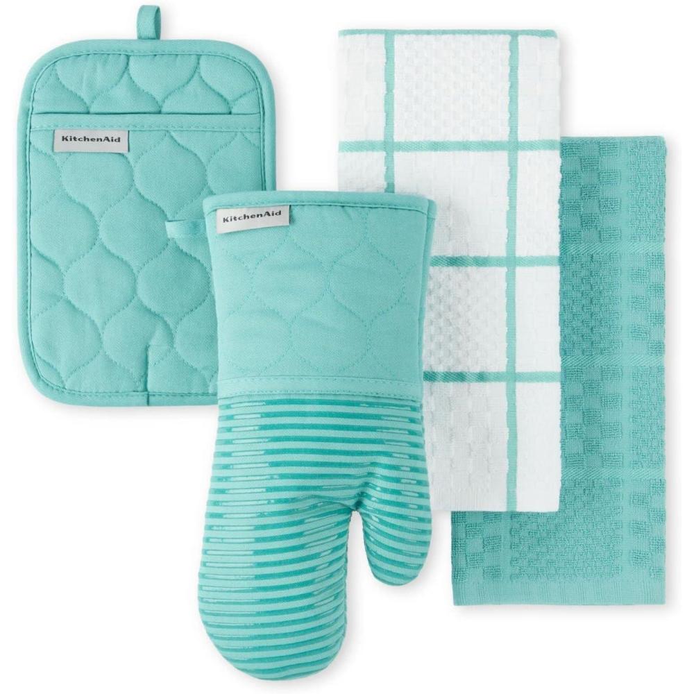 imageKITCHENAID Quilted Cotton Terry Cloth Oven Mitt Pot Holder Kitchen Towel 4Pack Set Heat Resistant Silicone Grip 16quotx26quot 7quotx13quot ampamp 7quotx10quot Aqua SkyAqua Sky