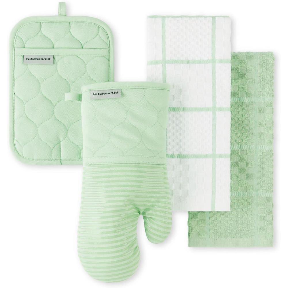 imageKITCHENAID Quilted Cotton Terry Cloth Oven Mitt Pot Holder Kitchen Towel 4Pack Set Heat Resistant Silicone Grip 16quotx26quot 7quotx13quot ampamp 7quotx10quot Aqua SkyPistachio