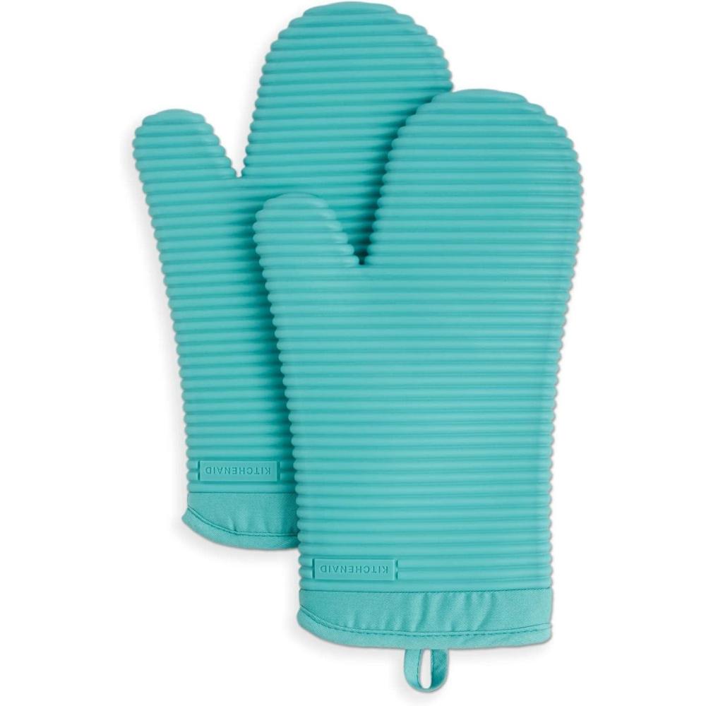 imageKITCHENAID Ribbed Soft Silicone Oven Mitt 2Pack Set 75quotx13quot Mineral Water AquaAqua Sky