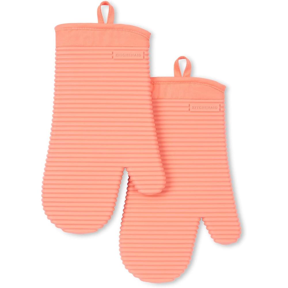 imageKITCHENAID Ribbed Soft Silicone Oven Mitt 2Pack Set 75quotx13quot Mineral Water AquaBird of Paradise