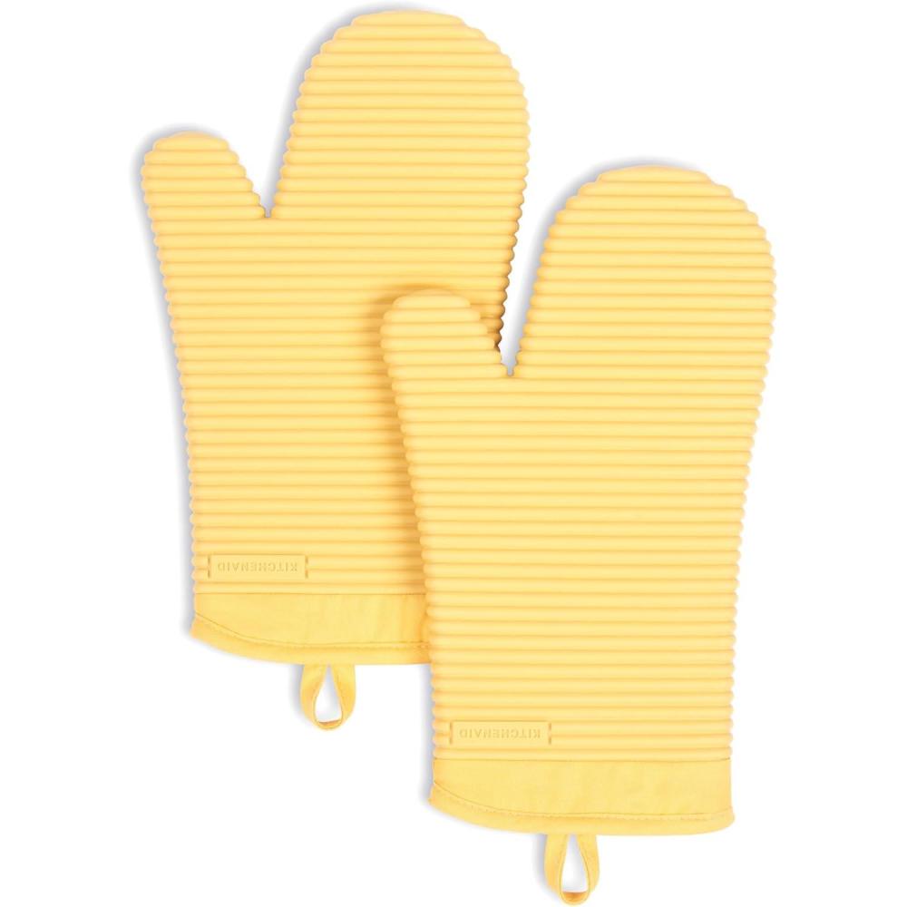 imageKITCHENAID Ribbed Soft Silicone Oven Mitt 2Pack Set 75quotx13quot Mineral Water AquaButter Yellow