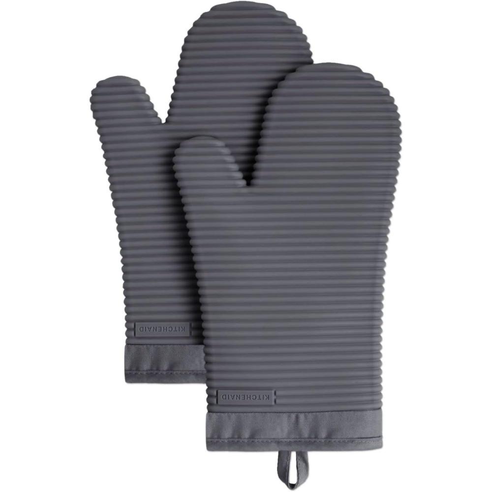 imageKITCHENAID Ribbed Soft Silicone Oven Mitt 2Pack Set 75quotx13quot Mineral Water AquaCharcoal Grey
