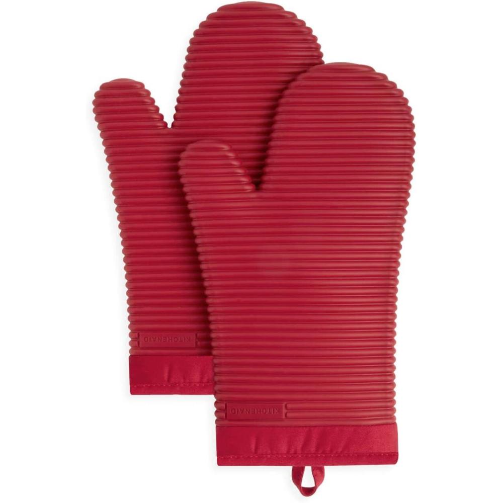 imageKITCHENAID Ribbed Soft Silicone Oven Mitt 2Pack Set 75quotx13quot Mineral Water AquaPassion Red