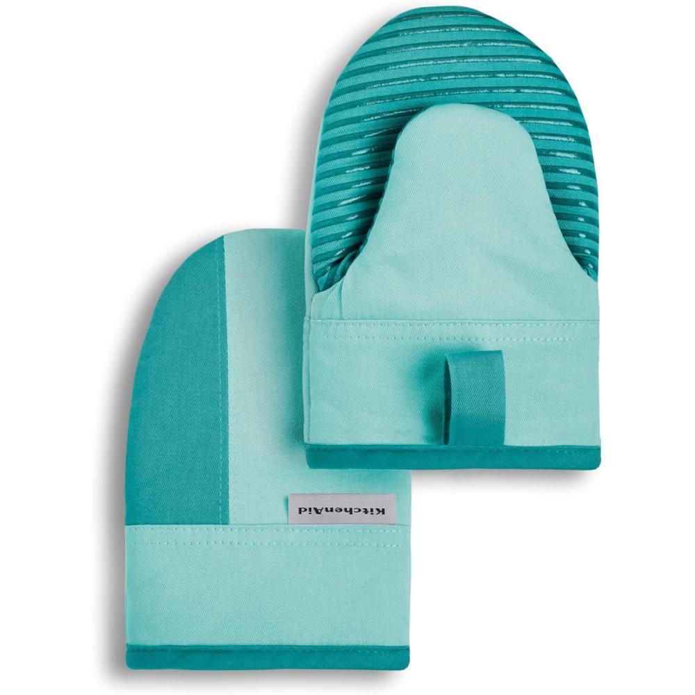 imageKitchenAid Beacon TwoTone NonSlip Mini Oven Mitt Set Aqua Sky 55quotx8quot 2 PieceAqua Sky