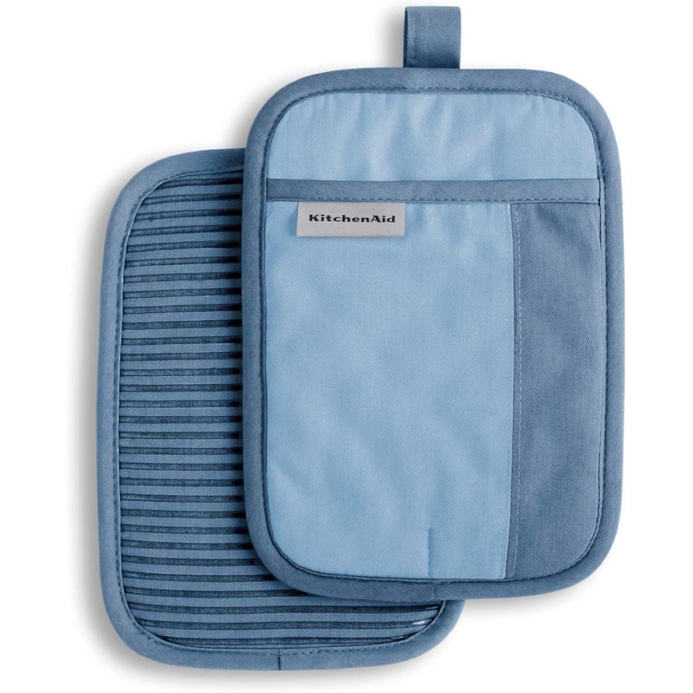 imageKitchenAid Beacon TwoTone NonSlip Pot Holder Set Cool GreyFrost Grey 7quotx10quot 2 PieceBlue VelvetBlue Heaven