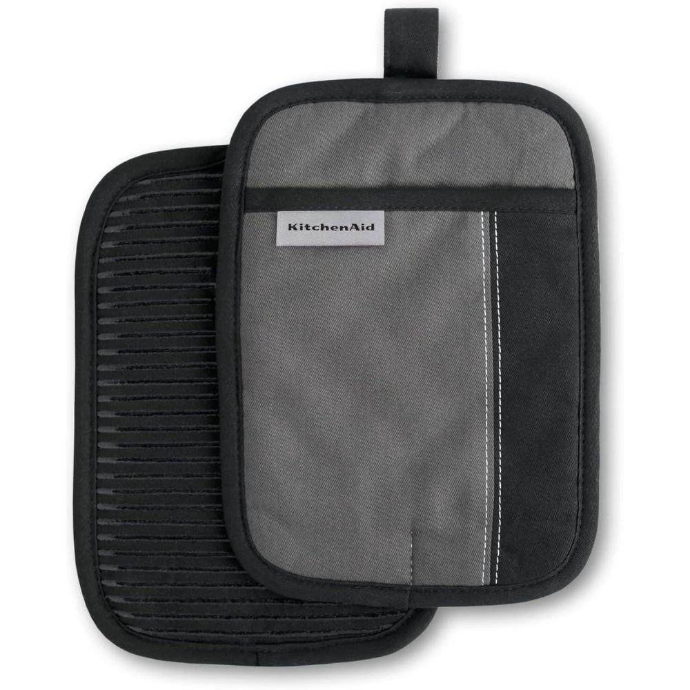 imageKitchenAid Beacon TwoTone NonSlip Pot Holder Set Cool GreyFrost Grey 7quotx10quot 2 PieceContour SilverMatte Black