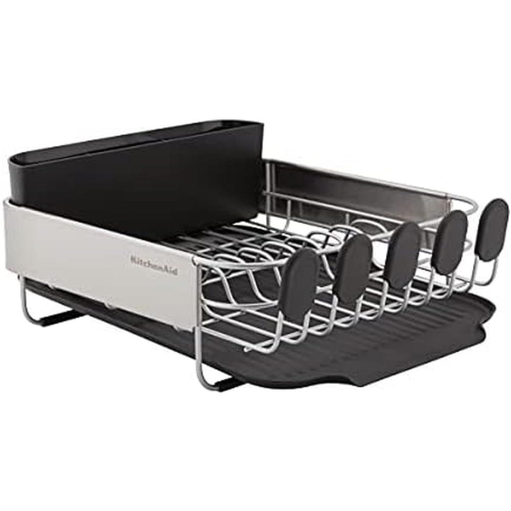 imageKitchenAid Compact Space Saving Rust Resistant Dish Rack with Angled Self Draining Drain Board and Removable Flatware Caddy 1606Inch GrayBlack