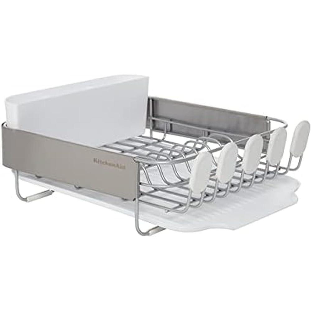 imageKitchenAid Compact Space Saving Rust Resistant Dish Rack with Angled Self Draining Drain Board and Removable Flatware Caddy 1606Inch GrayWhite