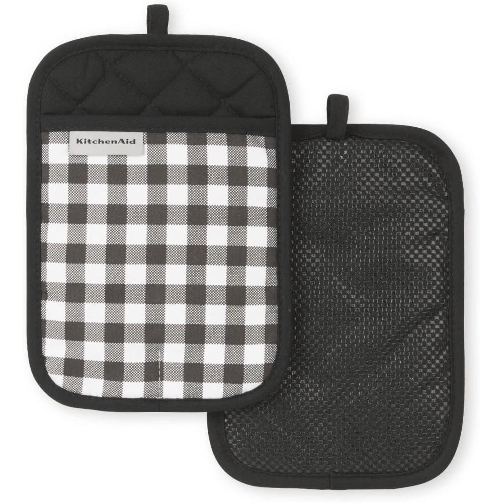 imageKitchenAid Gingham Pot Holder 2Pack Set Aqua Sky 7quotx10quotMatte Black