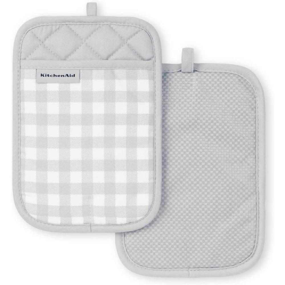 imageKitchenAid Gingham Pot Holder 2Pack Set Aqua Sky 7quotx10quotMatte Grey