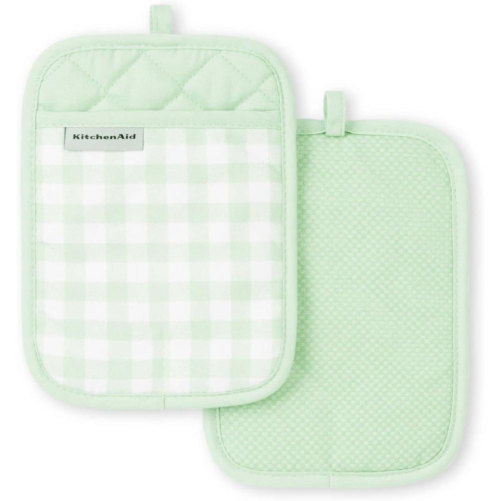 imageKitchenAid Gingham Pot Holder 2Pack Set Aqua Sky 7quotx10quotPistachio