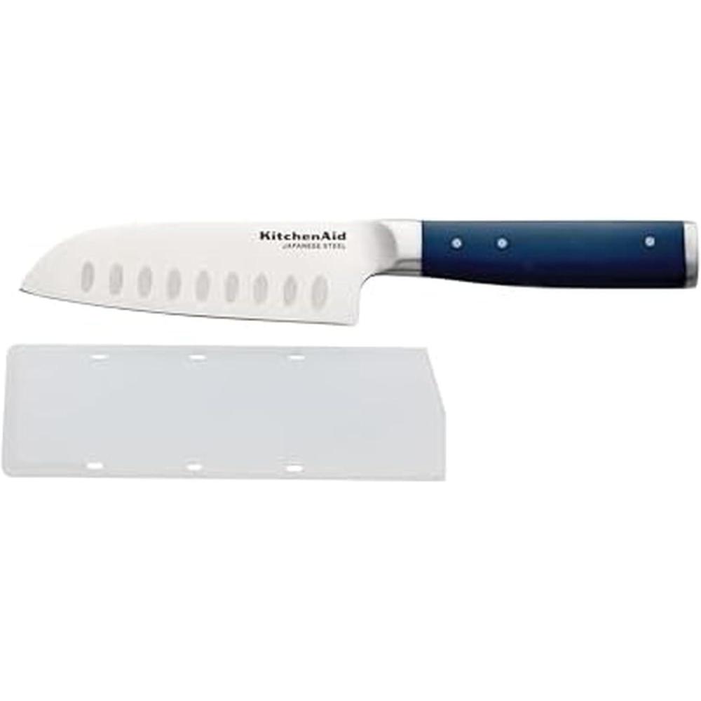 imageKitchenAid Gourmet Forged Santoku Knife with CustomFit Blade Cover Sharp Kitchen Knife HighCarbon Japanese Stainless Steel Blade 5 inch Ink BlueInk Blue
