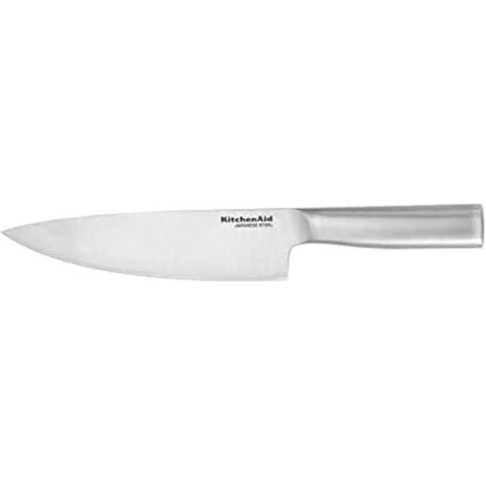 imageKitchenAid Gourmet Forged Stainless Steel Chef Knife with CustomFit Blade Cover Sharp Kitchen Knife HighCarbon Japanese Stainless Steel Blade 8 Inch Brushed Stainless Steel Handle