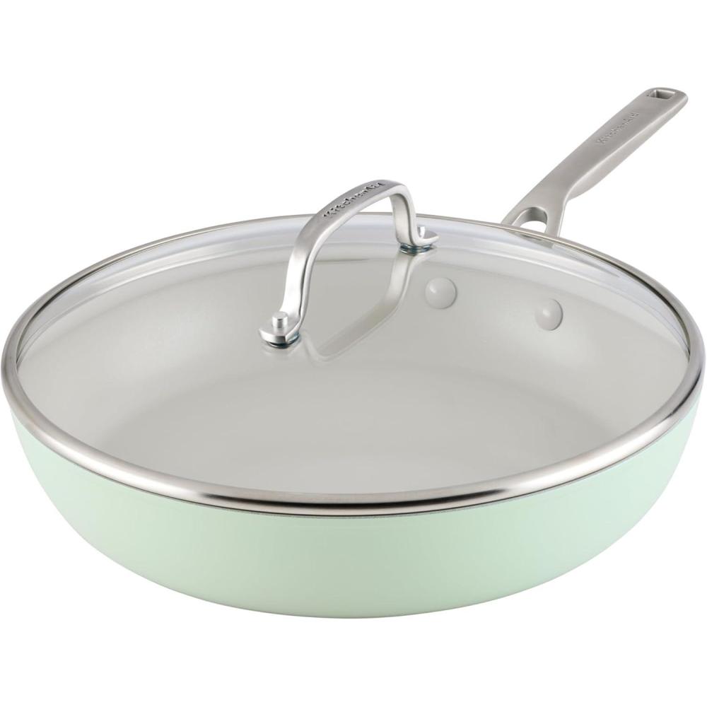 imageKitchenAid Hard Anodized Ceramic Induction Nonstick Cookware Frying PanSkillet with Lid Dishwasher Safe 1225 Inch Non Stick Fry Pan with Stainless Steel Handle PistachioPistachio