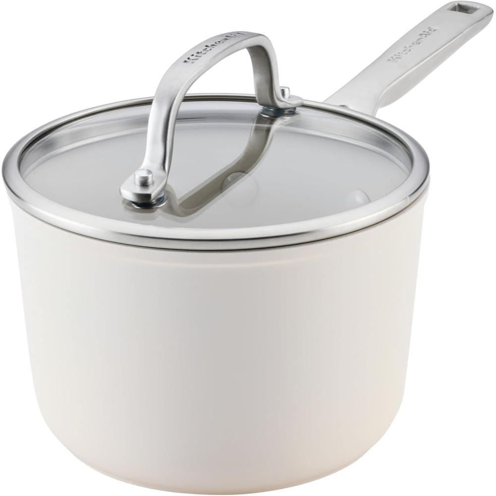 imageKitchenAid Hard Anodized Ceramic Induction Nonstick Cookware Saucepan with Lid Dishwasher Safe 2 Quart Non Stick Sauce Pan with Stainless Steel Handle Agave BluePorcelain