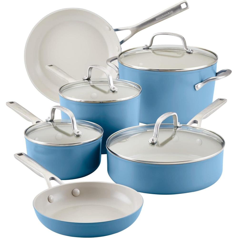 imageKitchenAid Hard Anodized Ceramic Induction Pots and Pans Dishwasher Safe Includes Saucepans Stockpot Saut Pan Frying PansSkillets and Lids 10 Piece Cookware Set Agave BlueBlue Velvet