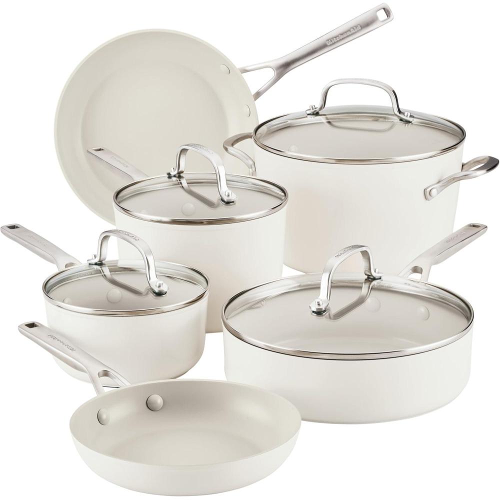 imageKitchenAid Hard Anodized Ceramic Nonstick Cookware Pots and Pans Set 9 Piece PistachioPorcelain White