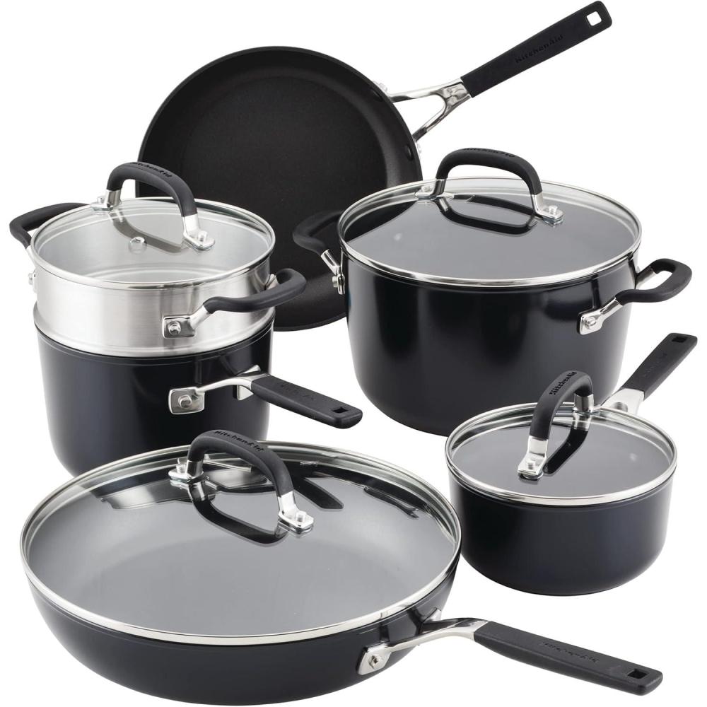 imageKitchenAid Hard Anodized Nonstick CookwarePots and Pans Set 10 Piece Matte BlackCookware Set 10 Piece