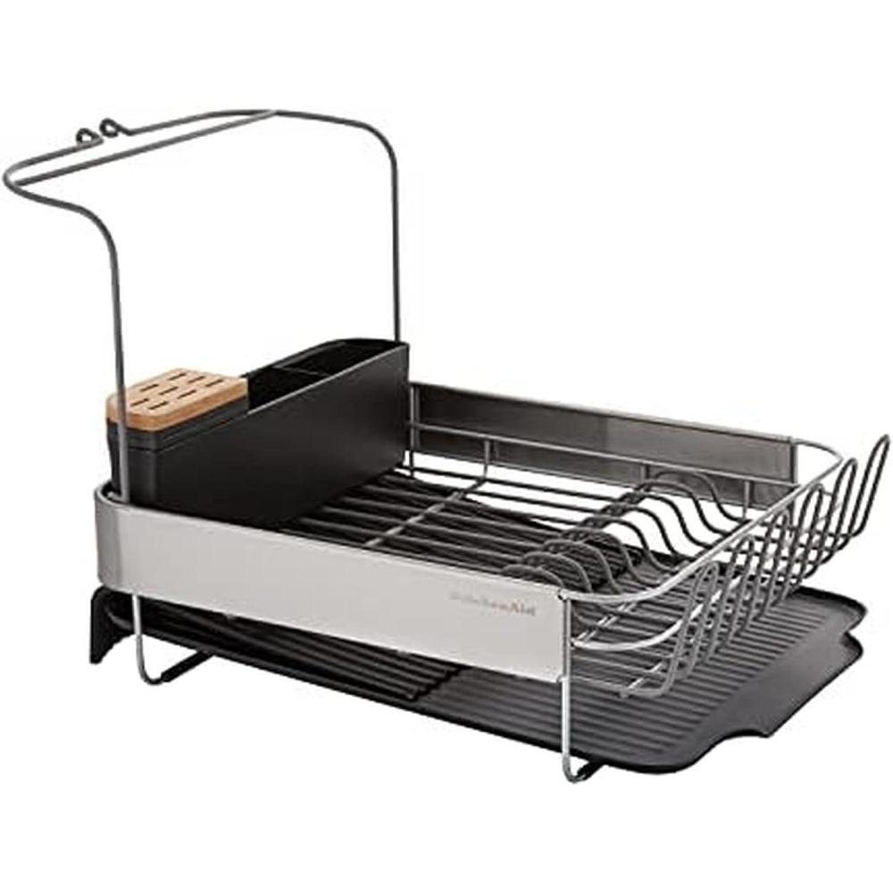 imageKitchenAid Large Capacity Full Size Rust Resistant Dish Rack with Angled Drain Board and Removable Flatware Caddy Light GreyBlack