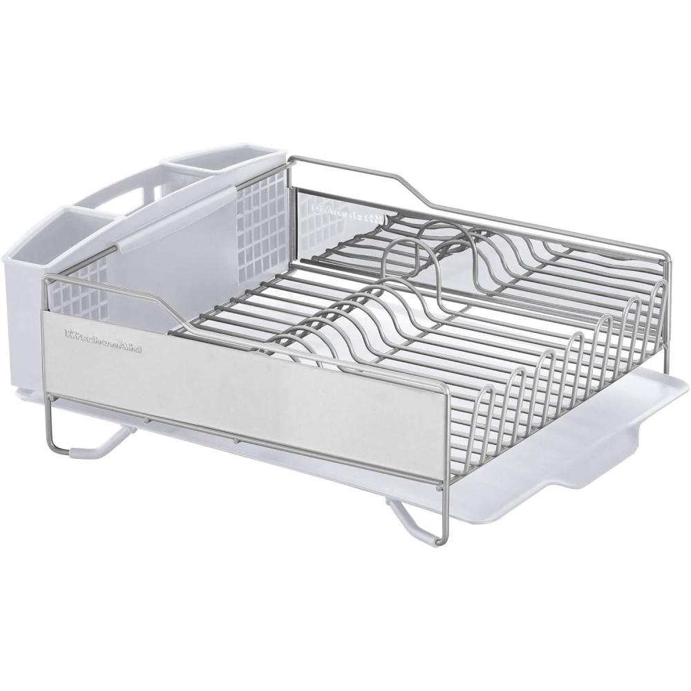 imageKitchenAid Large Capacity Full Size Rust Resistant Dish Rack with Angled Drain Board and Removable Flatware Caddy Light GreyWhite