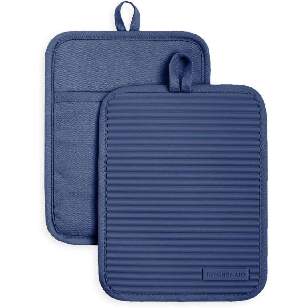 imageKitchenAid Ribbed Soft Silicone Pot Holder 2Pack Set Blue Velvet 7quotx9quotBlue Willow