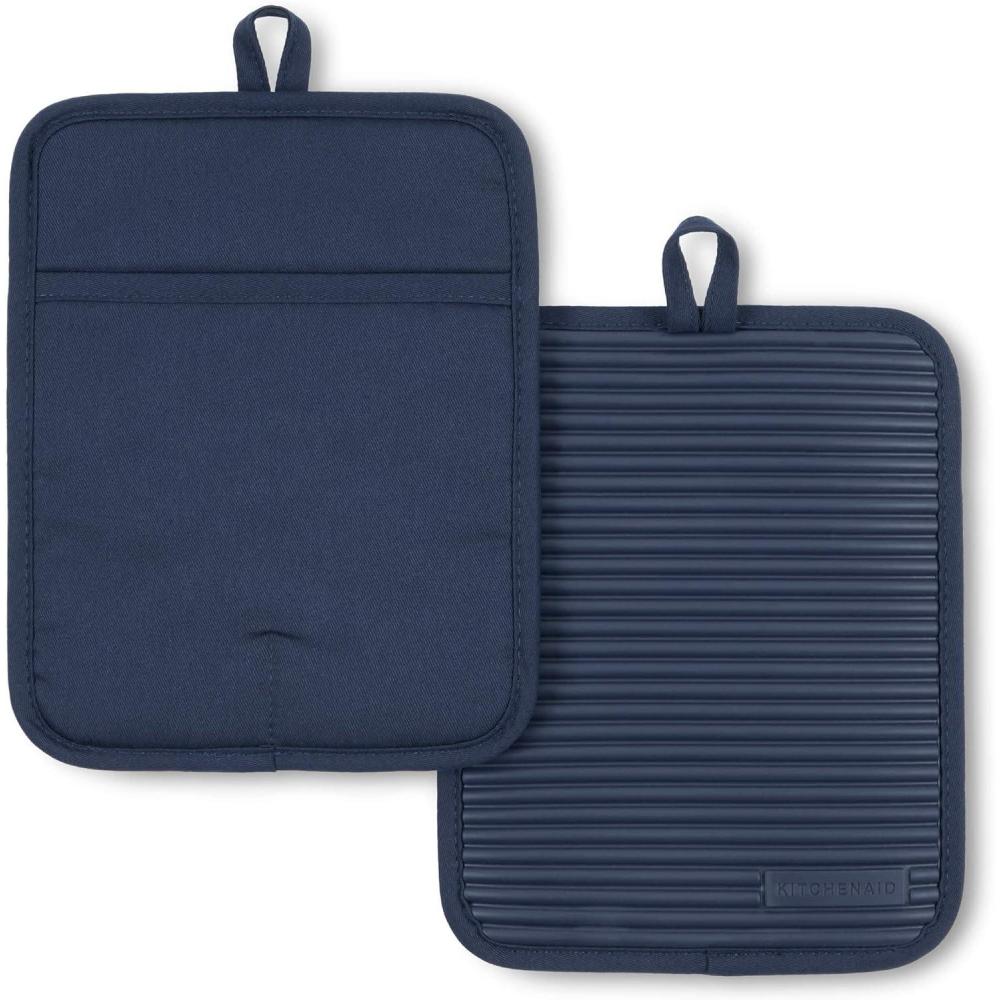 imageKitchenAid Ribbed Soft Silicone Pot Holder 2Pack Set Blue Velvet 7quotx9quotInk Blue