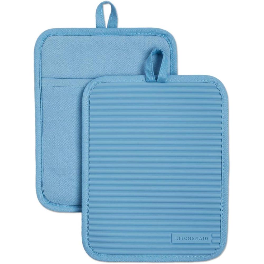 imageKitchenAid Ribbed Soft Silicone Pot Holder 2Pack Set Mineral Water Aqua 7quotx9quotBlue Velvet