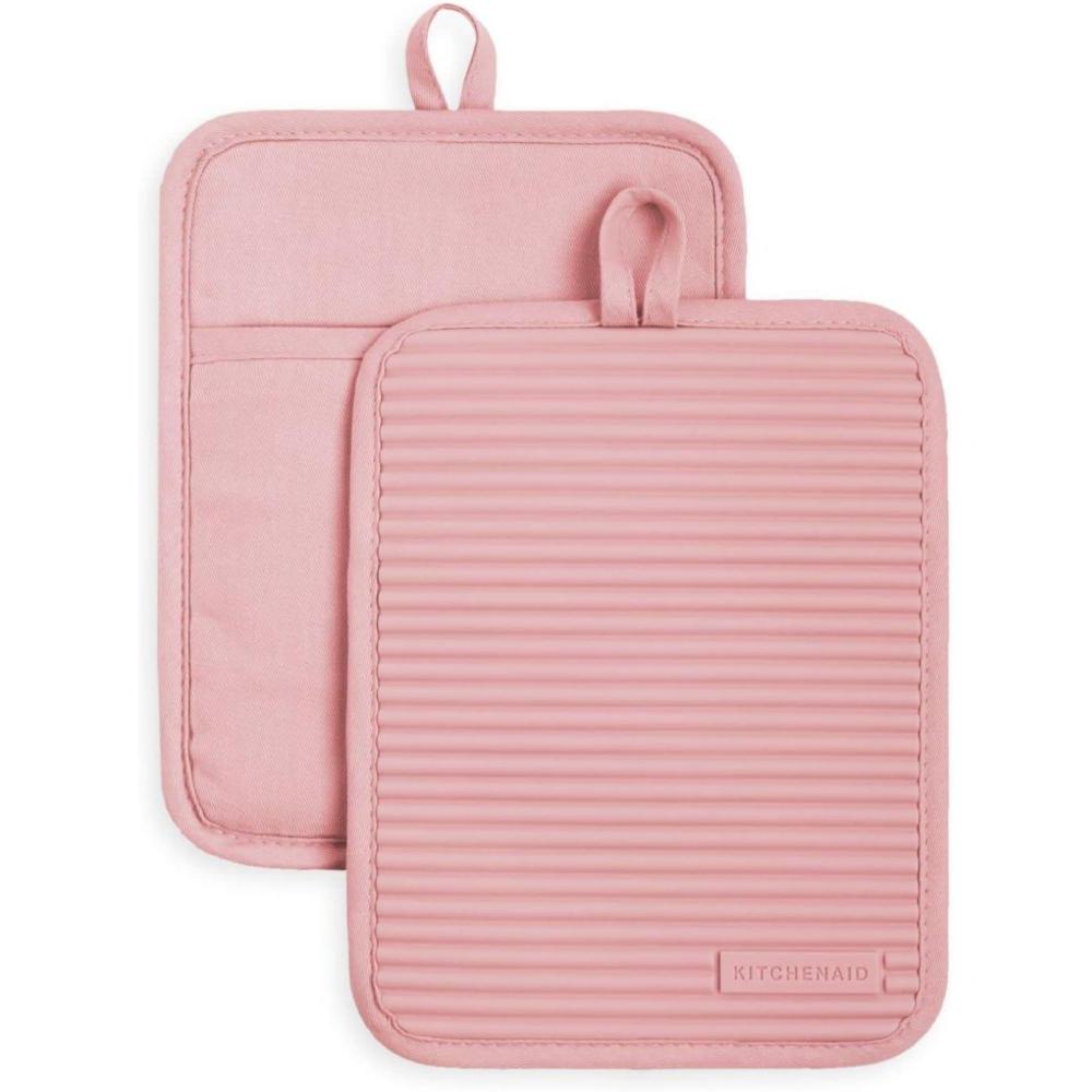 imageKitchenAid Ribbed Soft Silicone Pot Holder 2Pack Set Mineral Water Aqua 7quotx9quotDried Rose