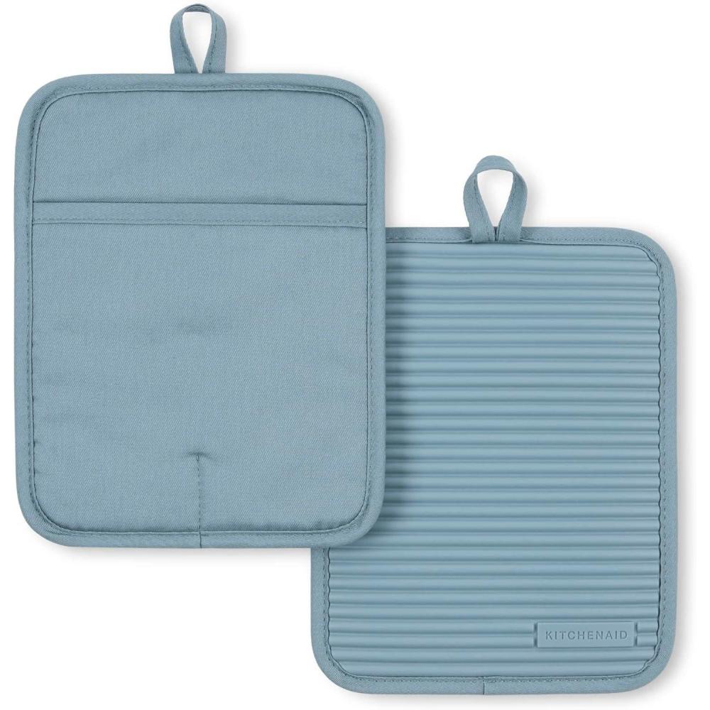 imageKitchenAid Ribbed Soft Silicone Pot Holder 2Pack Set Mineral Water Aqua 7quotx9quotFog Blue