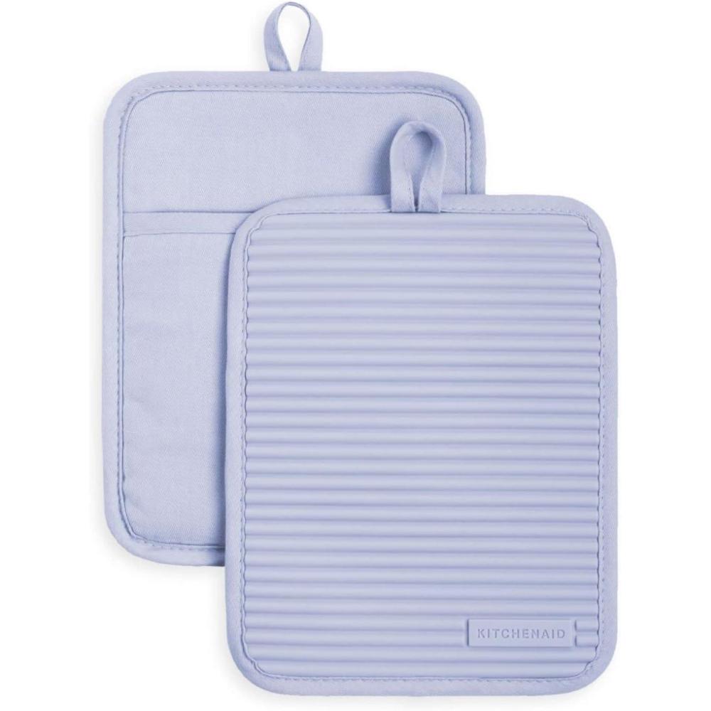 imageKitchenAid Ribbed Soft Silicone Pot Holder 2Pack Set Mineral Water Aqua 7quotx9quotLavender Cream