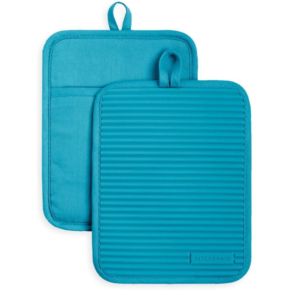 imageKitchenAid Ribbed Soft Silicone Pot Holder 2Pack Set Mineral Water Aqua 7quotx9quotOcean Drive