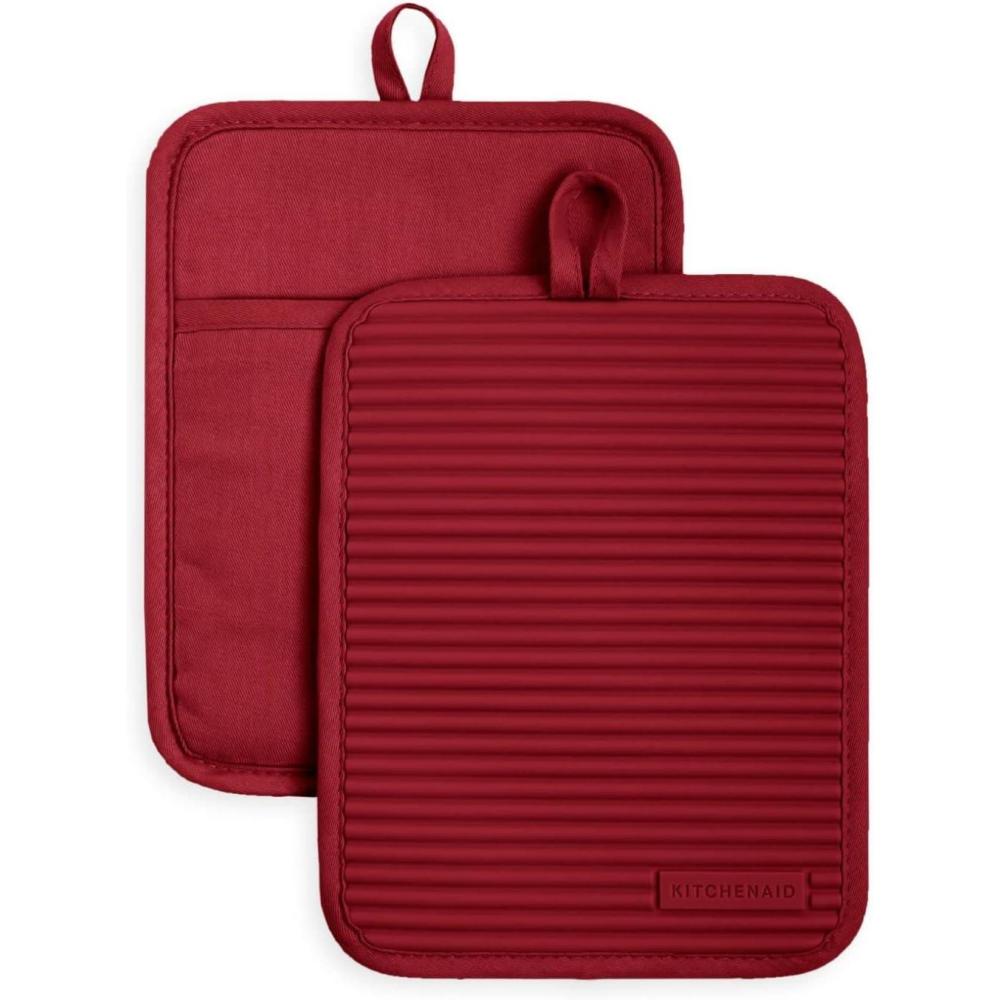 imageKitchenAid Ribbed Soft Silicone Pot Holder 2Pack Set Mineral Water Aqua 7quotx9quotSmoked Paprika