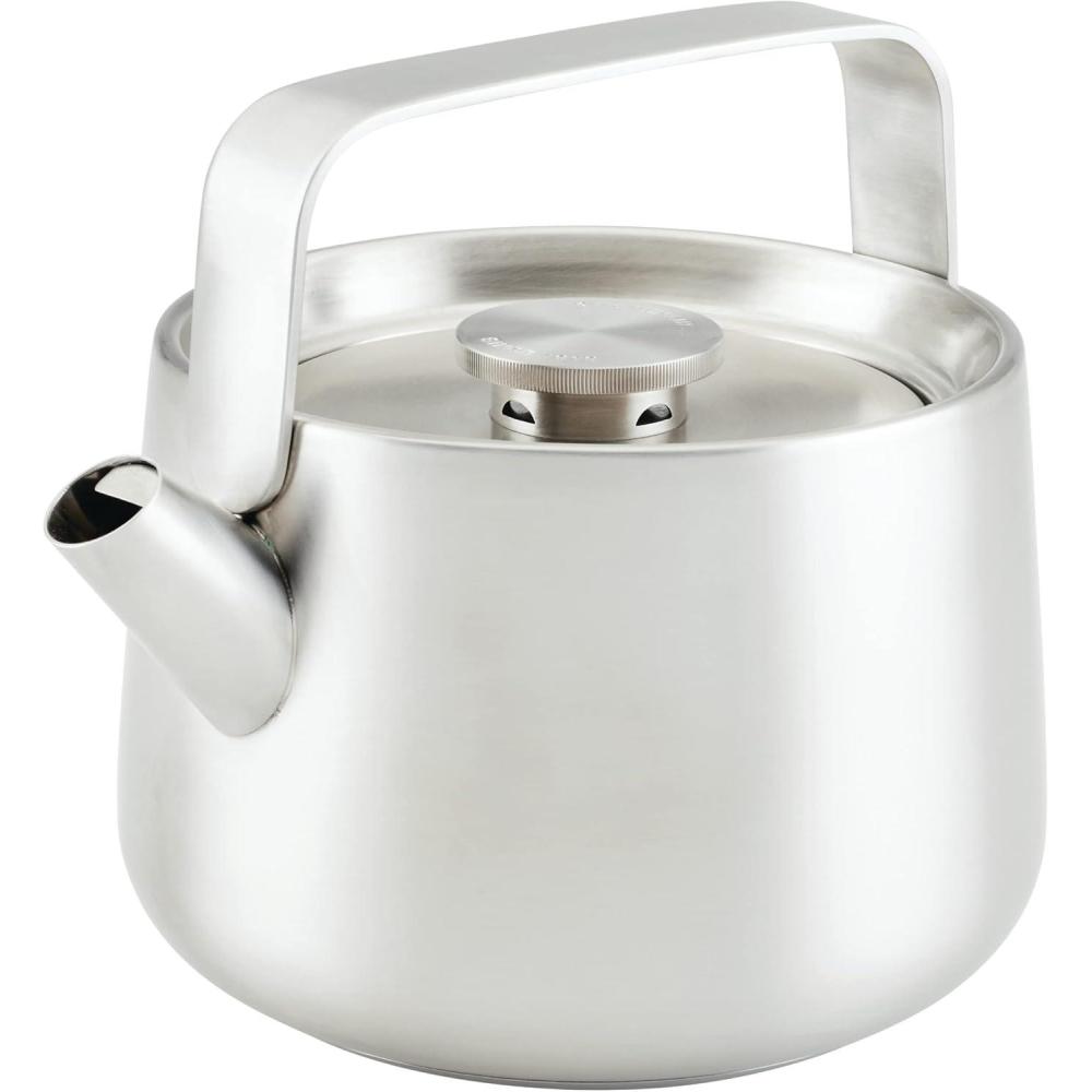imageKitchenAid Teakettles EnamelonSteel Stovetop Whistling Teakettle Induction Ready Stainless steel Lid 2 Quart  WhiteBrushed Stainless Steel