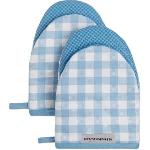 KITCHENAID Gingham Mini Oven Mitt 2-Pack Set, Matte Black, 5.5″x8″(Blue Velvet)