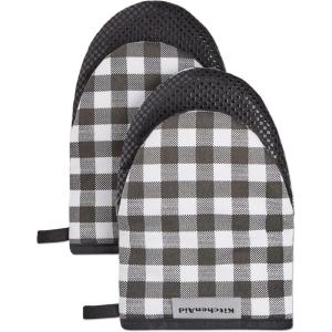 KITCHENAID Gingham Mini Oven Mitt 2-Pack Set, Matte Black, 5.5″x8″(Matte Black)