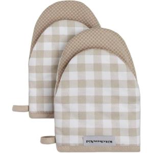 KITCHENAID Gingham Mini Oven Mitt 2-Pack Set, Matte Black, 5.5″x8″(Milkshake Tan)