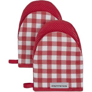 KITCHENAID Gingham Mini Oven Mitt 2-Pack Set, Matte Black, 5.5″x8″(Passion Red)