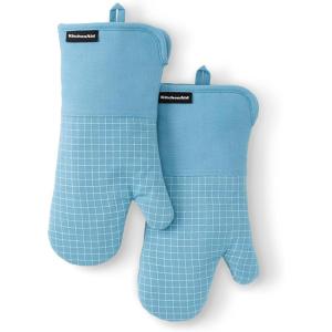 KITCHENAID Gourmet Series Gridlines Oven Mitts 2-Pack Set, Heat Resistant up to 600°F, Soft Silicone Grip, Magnetic Cuff, Mineral Water Aqua, 7″x14″(Blue Velvet)