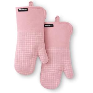 KITCHENAID Gourmet Series Gridlines Oven Mitts 2-Pack Set, Heat Resistant up to 600°F, Soft Silicone Grip, Magnetic Cuff, Mineral Water Aqua, 7″x14″(Dried Rose)