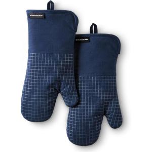 KITCHENAID Gourmet Series Gridlines Oven Mitts 2-Pack Set, Heat Resistant up to 600°F, Soft Silicone Grip, Magnetic Cuff, Mineral Water Aqua, 7″x14″(Ink Blue)