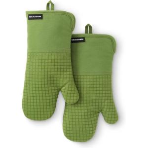 KITCHENAID Gourmet Series Gridlines Oven Mitts 2-Pack Set, Heat Resistant up to 600°F, Soft Silicone Grip, Magnetic Cuff, Mineral Water Aqua, 7″x14″(Matcha Green)