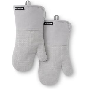 KITCHENAID Gourmet Series Gridlines Oven Mitts 2-Pack Set, Heat Resistant up to 600°F, Soft Silicone Grip, Magnetic Cuff, Mineral Water Aqua, 7″x14″(Matte Grey)