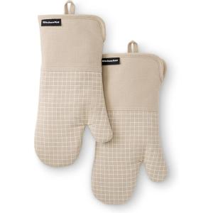 KITCHENAID Gourmet Series Gridlines Oven Mitts 2-Pack Set, Heat Resistant up to 600°F, Soft Silicone Grip, Magnetic Cuff, Mineral Water Aqua, 7″x14″(Milkshake Tan)