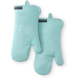 KITCHENAID Gourmet Series Gridlines Oven Mitts 2-Pack Set, Heat Resistant up to 600°F, Soft Silicone Grip, Magnetic Cuff, Mineral Water Aqua, 7″x14″(Mineral Water Aqua)