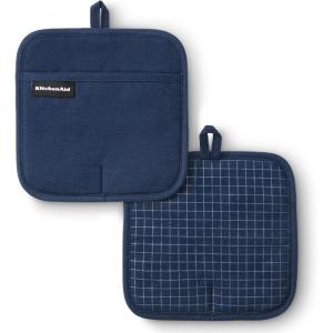 KITCHENAID Gourmet Series Gridlines Pot Holders 2-Pack Set, Heat Resistant up to 600°F, Soft Silicone Grip, Magnetic Cuff, Ink Blue, 8″x8″(Ink Blue)