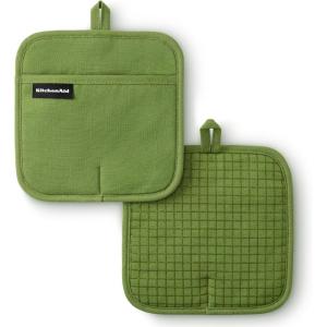 KITCHENAID Gourmet Series Gridlines Pot Holders 2-Pack Set, Heat Resistant up to 600°F, Soft Silicone Grip, Magnetic Cuff, Ink Blue, 8″x8″(Matcha Green)