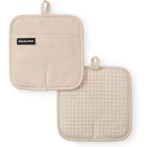 KITCHENAID Gourmet Series Gridlines Pot Holders 2-Pack Set, Heat Resistant up to 600°F, Soft Silicone Grip, Magnetic Cuff, Ink Blue, 8″x8″(Milkshake Tan)