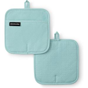 KITCHENAID Gourmet Series Gridlines Pot Holders 2-Pack Set, Heat Resistant up to 600°F, Soft Silicone Grip, Magnetic Cuff, Ink Blue, 8″x8″(Mineral Water Aqua)