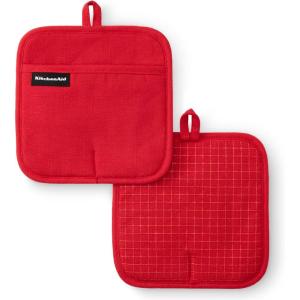 KITCHENAID Gourmet Series Gridlines Pot Holders 2-Pack Set, Heat Resistant up to 600°F, Soft Silicone Grip, Magnetic Cuff, Ink Blue, 8″x8″(Passion Red)